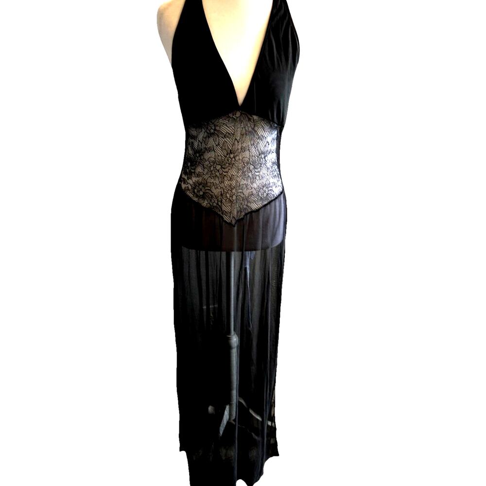 Y2K Victoria Secret Lingerie Black Lace Gown Nightie Dress Maxi Dark Fairy VTG M